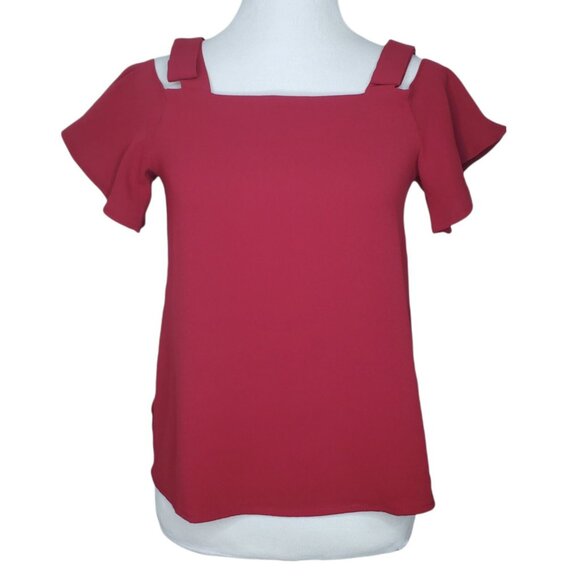 Ann Taylor Petite Womens Blouse Size XS Cold Shoulder Flare Sleeves Maroon XSP - Picture 3 of 10